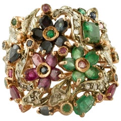 Diamonds, Emeralds, Rubies, Blue Sapphires, 9K Rose Gold and Silver Cocktail Ring