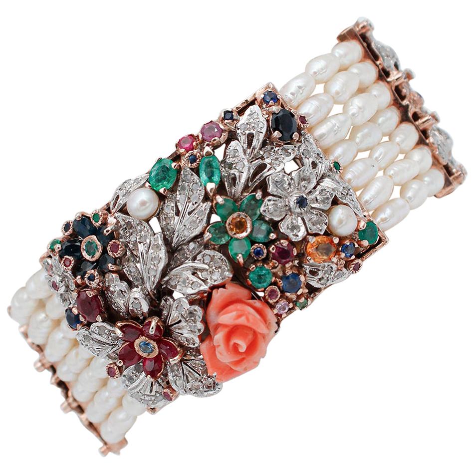 Diamonds, Emeralds, Rubies, Sapphires, Coral, Pearls, 9kt Rose Gold and Silver Bacelet