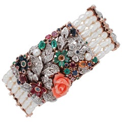 Diamonds, Emeralds, Rubies, Sapphires, Coral, Pearls, 9kt Rose Gold and Silver Bacelet