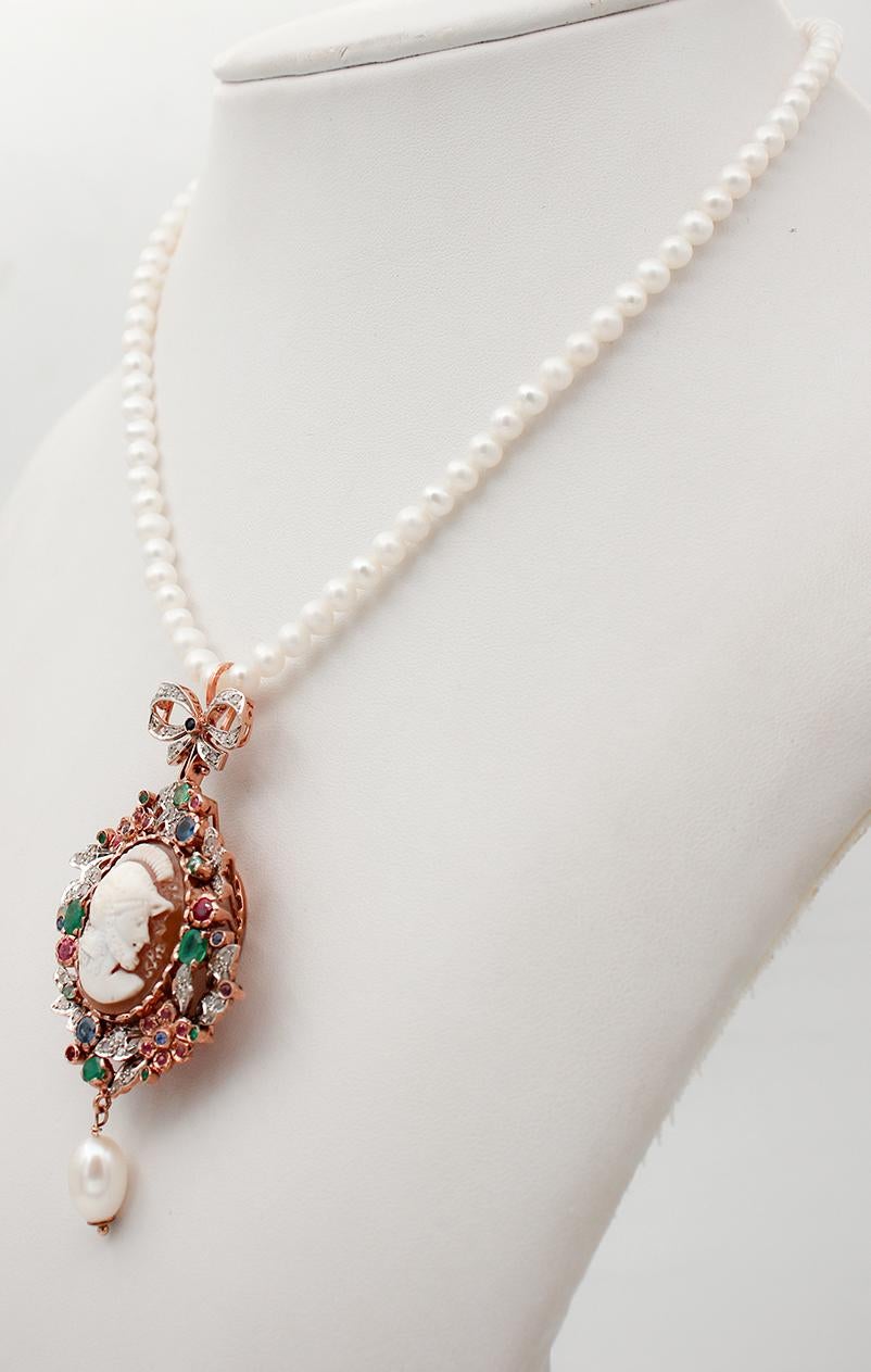 Retro Diamonds, Emeralds, Rubies, Sapphires, Pearls, Cameo, 14Kt  Gold and Silver Necklace