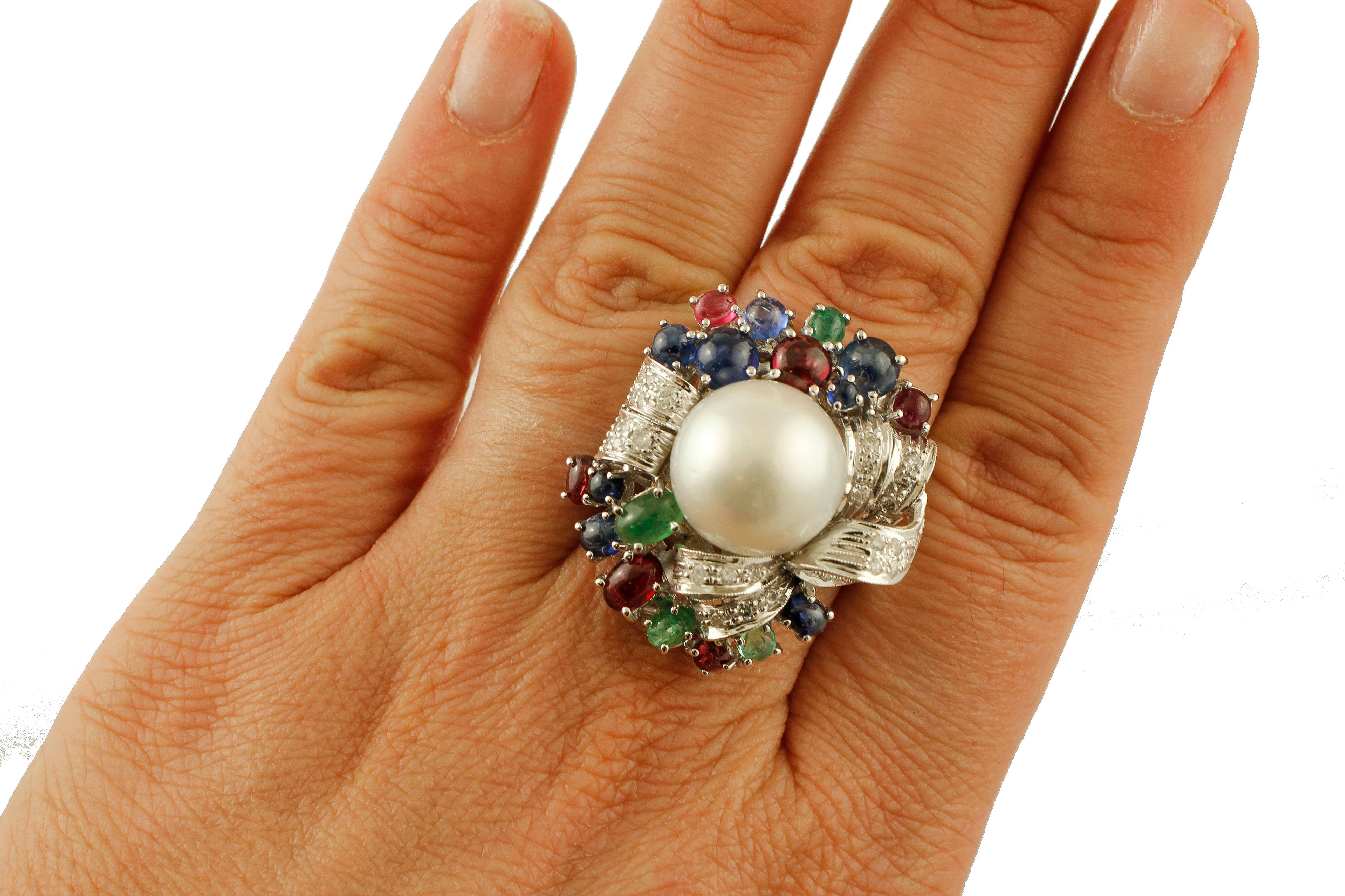 Diamonds, Emeralds, Rubies, Sapphires, South Sea Pearl, 14 Karat Gold Cocktail Ring In Good Condition In Marcianise, Marcianise (CE)