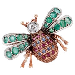Diamonds, Emeralds, Sapphires, Rubies, 9 Kt Rose Gold and Silver Fly Shape Ring