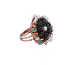 Diamonds, Emeralds, Sapphires, Black Agate, Pearls, 9 Karat Gold and Silver Ring