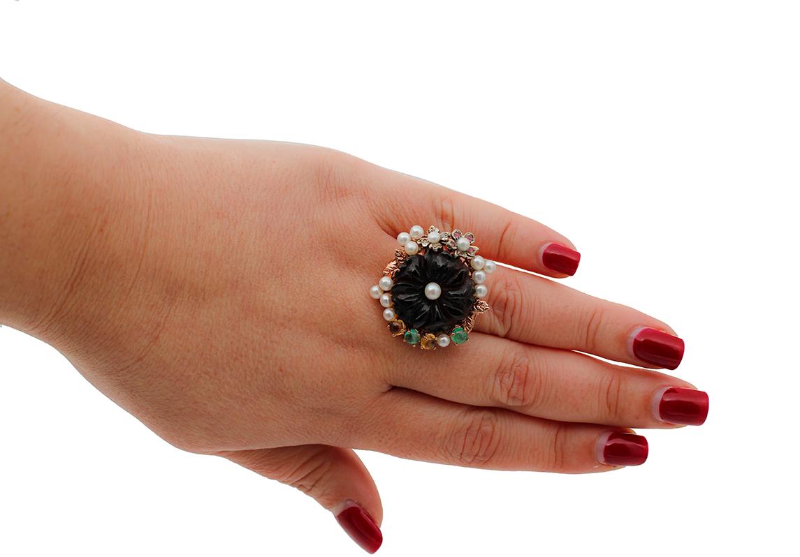 Mixed Cut Diamonds, Emeralds, Sapphires, Black Agate, Pearls, 9 Karat Gold and Silver Ring