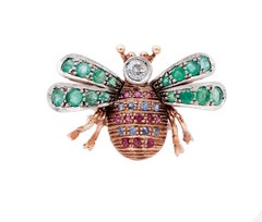 Diamonds, Emeralds, Sapphires, Rubies, 9 Kt Rose Gold and Silver Fly Shape Ring