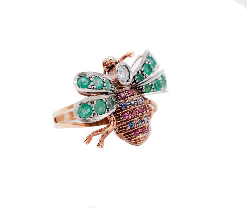 Retro Diamonds, Emeralds, Sapphires, Rubies, 9 Kt Rose Gold and Silver Fly Shape Ring