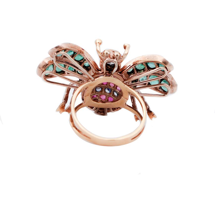 Round Cut Diamonds, Emeralds, Sapphires, Rubies, 9 Kt Rose Gold and Silver Fly Shape Ring