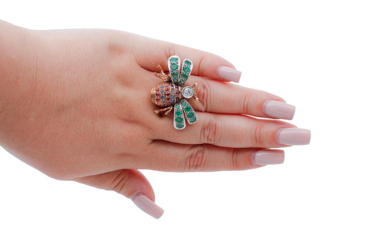 Diamonds, Emeralds, Sapphires, Rubies, 9 Kt Rose Gold and Silver Fly Shape Ring In Good Condition In Marcianise, Marcianise (CE)