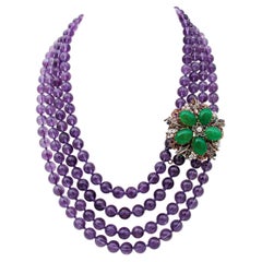 Diamonds, Emeralds, Sapphires, Rubies, Amethyst, Agate, 9kt Gold and Silver Necklace