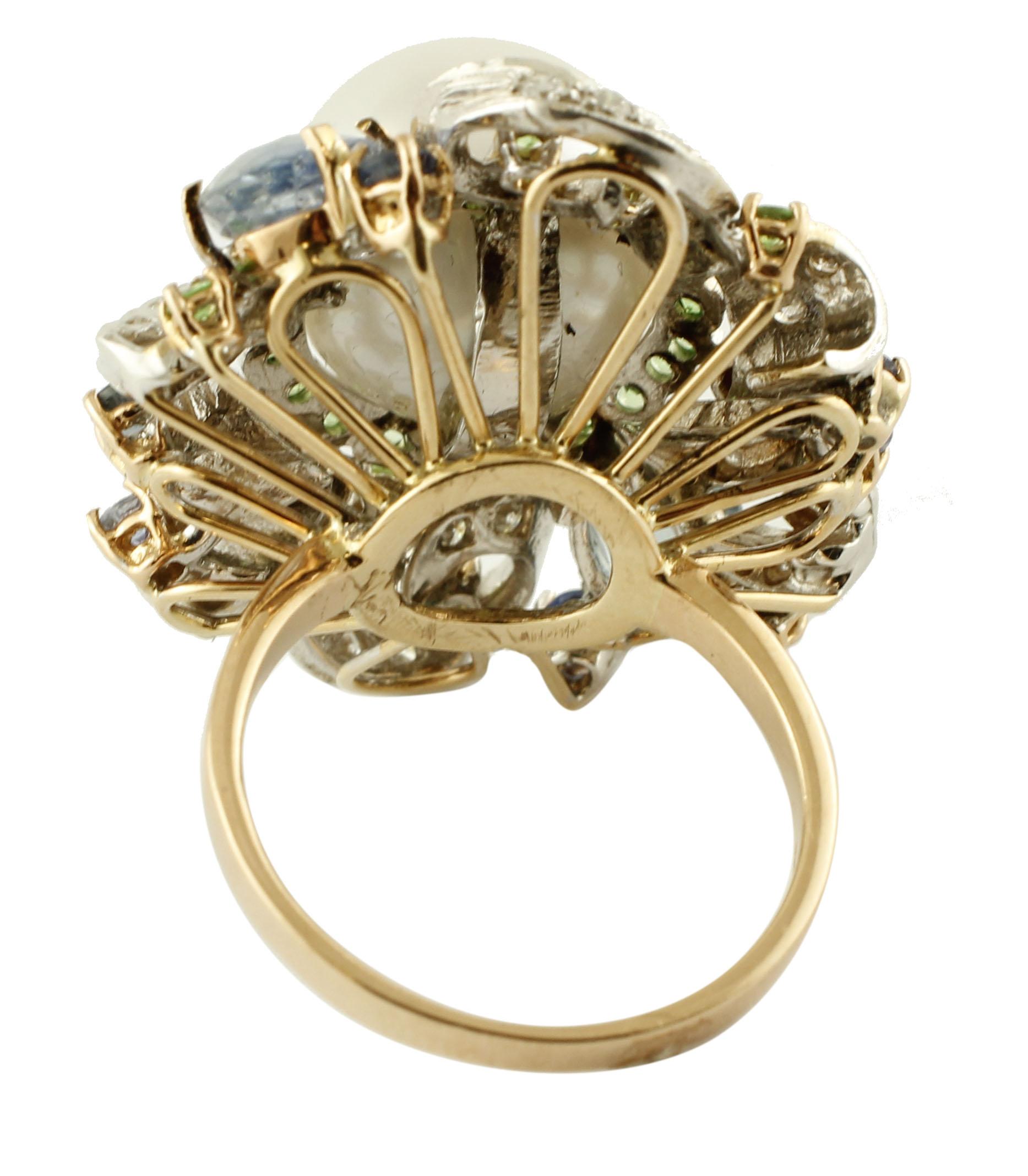 Retro Diamonds, Emeralds, Sapphires, South Sea Pearl, 14 Karat Gold Cocktail Ring