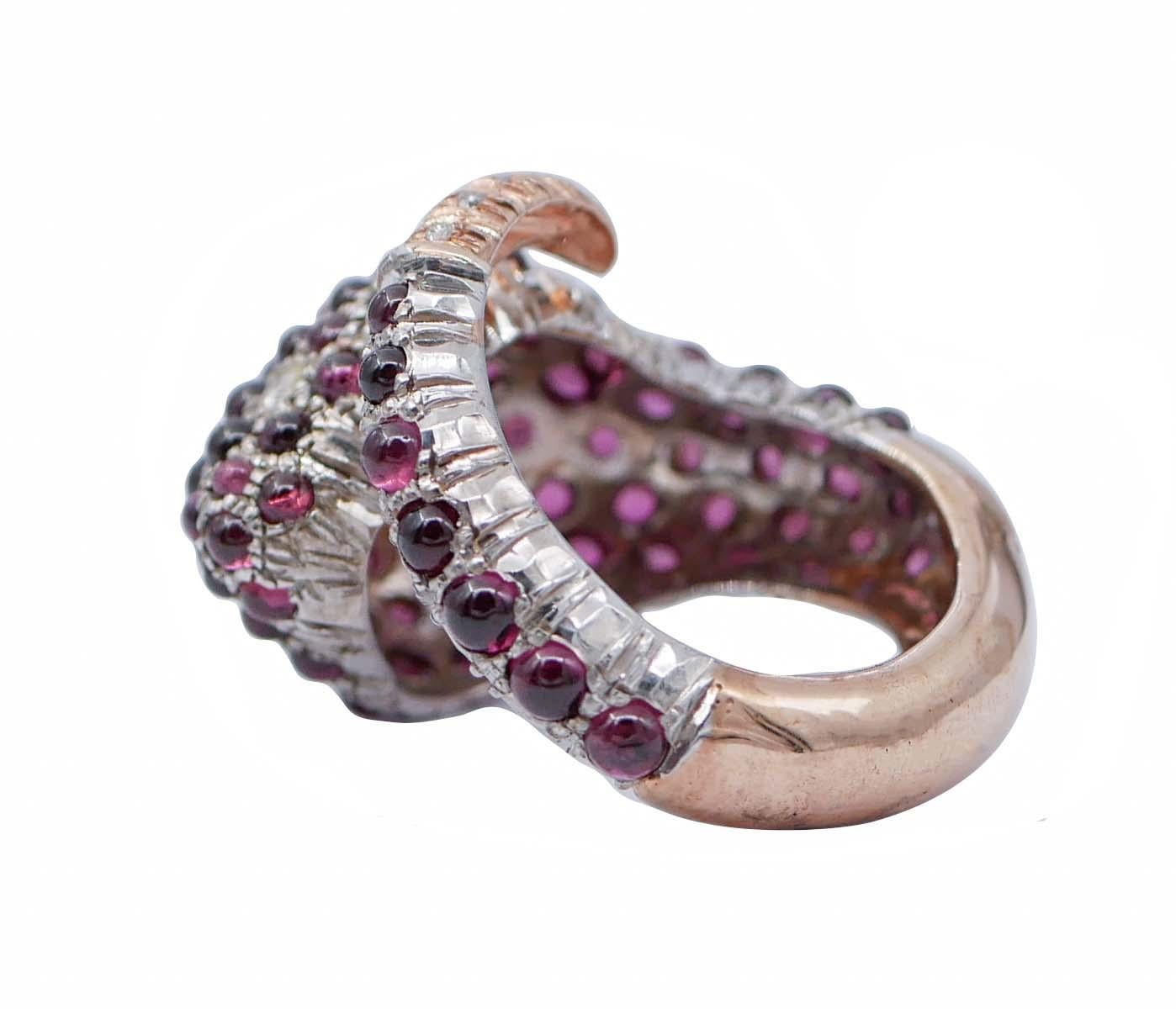 Retro Diamonds, Garnets, Rose Gold and Silver Gold Snake Ring For Sale