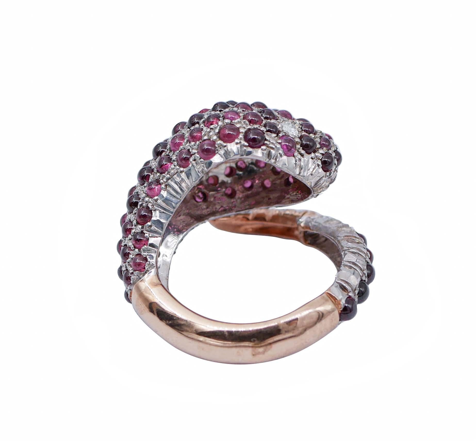 Mixed Cut Diamonds, Garnets, Rose Gold and Silver Gold Snake Ring For Sale