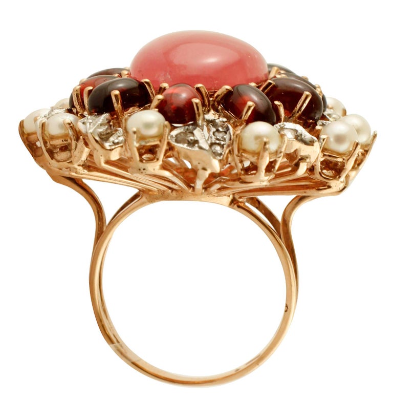 Diamonds, Stone, Pearls, 9 Karat Rose Gold and Silver Retro