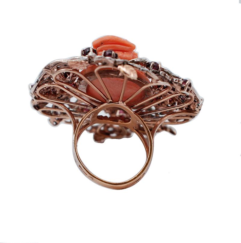 Retro Diamonds, Garnets, Carved Coral, 9Kt Rose Gold and Silver Retrò Ring For Sale