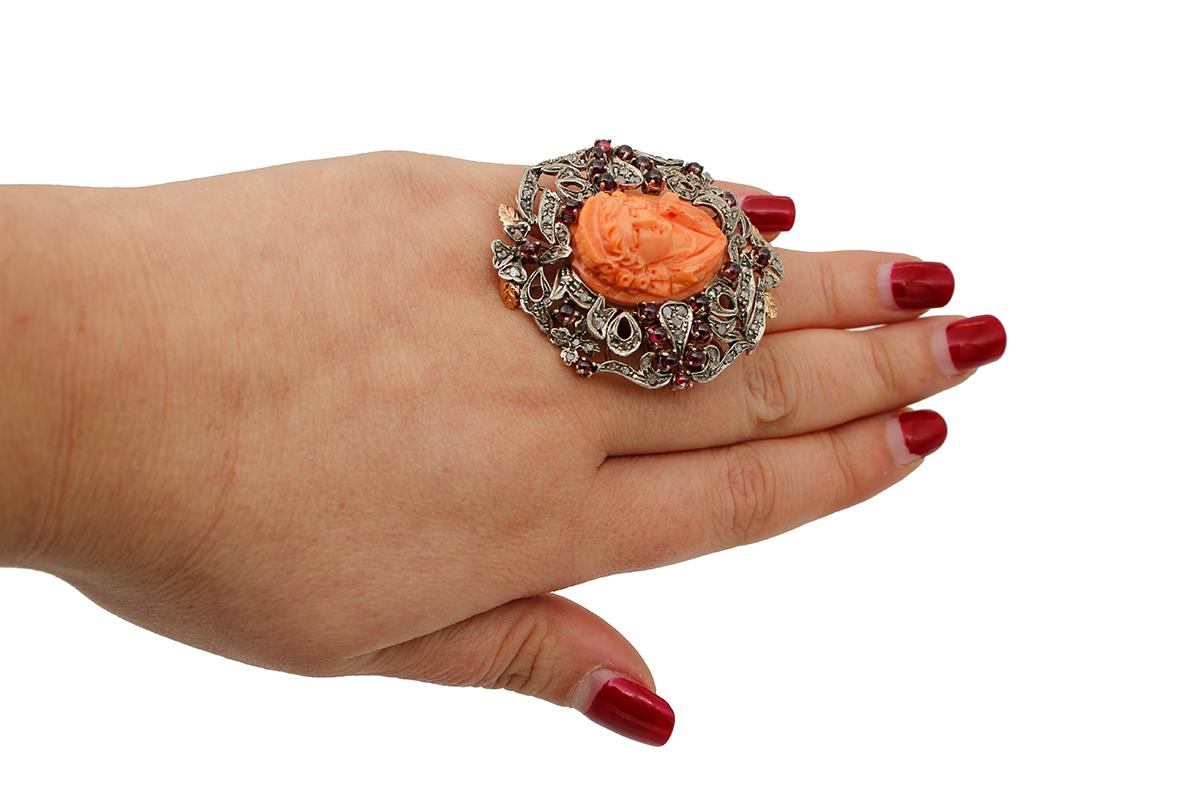 Mixed Cut Diamonds, Garnets, Carved Coral, 9Kt Rose Gold and Silver Retrò Ring For Sale