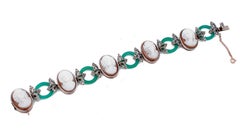 Diamonds, Green Agate, Cameo, 9 Karat Rose Gold and Silver Retrò Bracelet