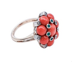 Diamonds, Green Agate, Coral, 9 Karat Rose Gold and Silver Retrò Ring