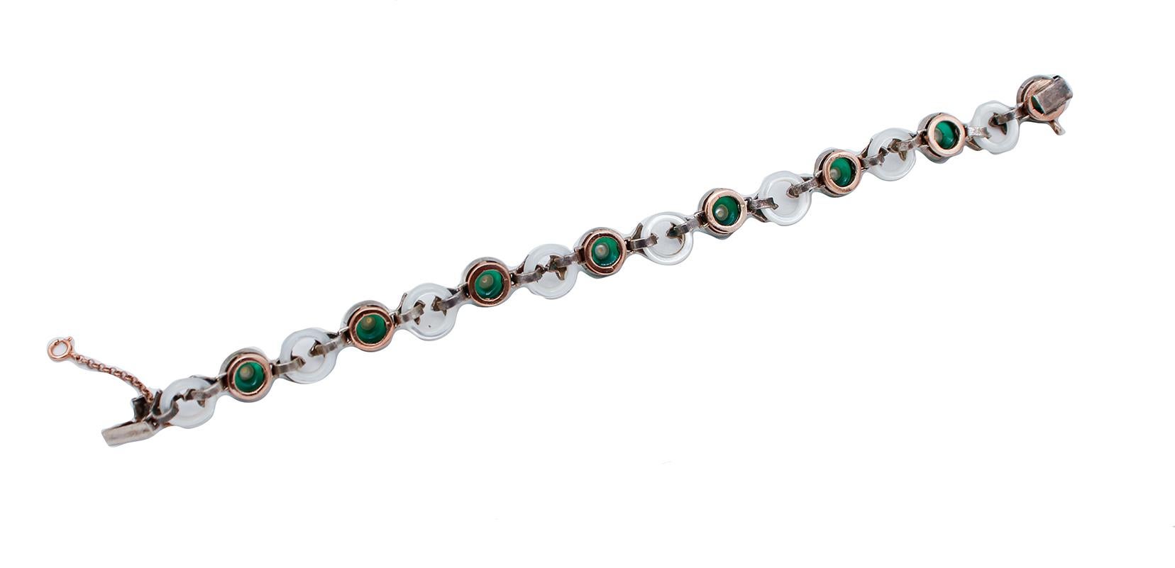 Retro Diamonds, Green Agate, Pearls, White Stones, 9kt Rose Gold and Silver Bracelet