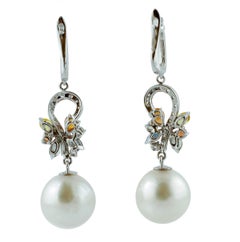 Diamonds Multi-Color Sapphires White Pearls, White Gold Level-Back Drop Earrings
