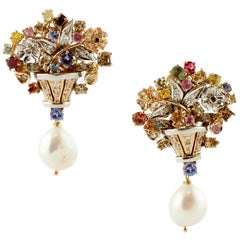 Retro Diamonds,  Sapphires, Tanzanite, Pearls 14kt White and Rose Gold Earrings