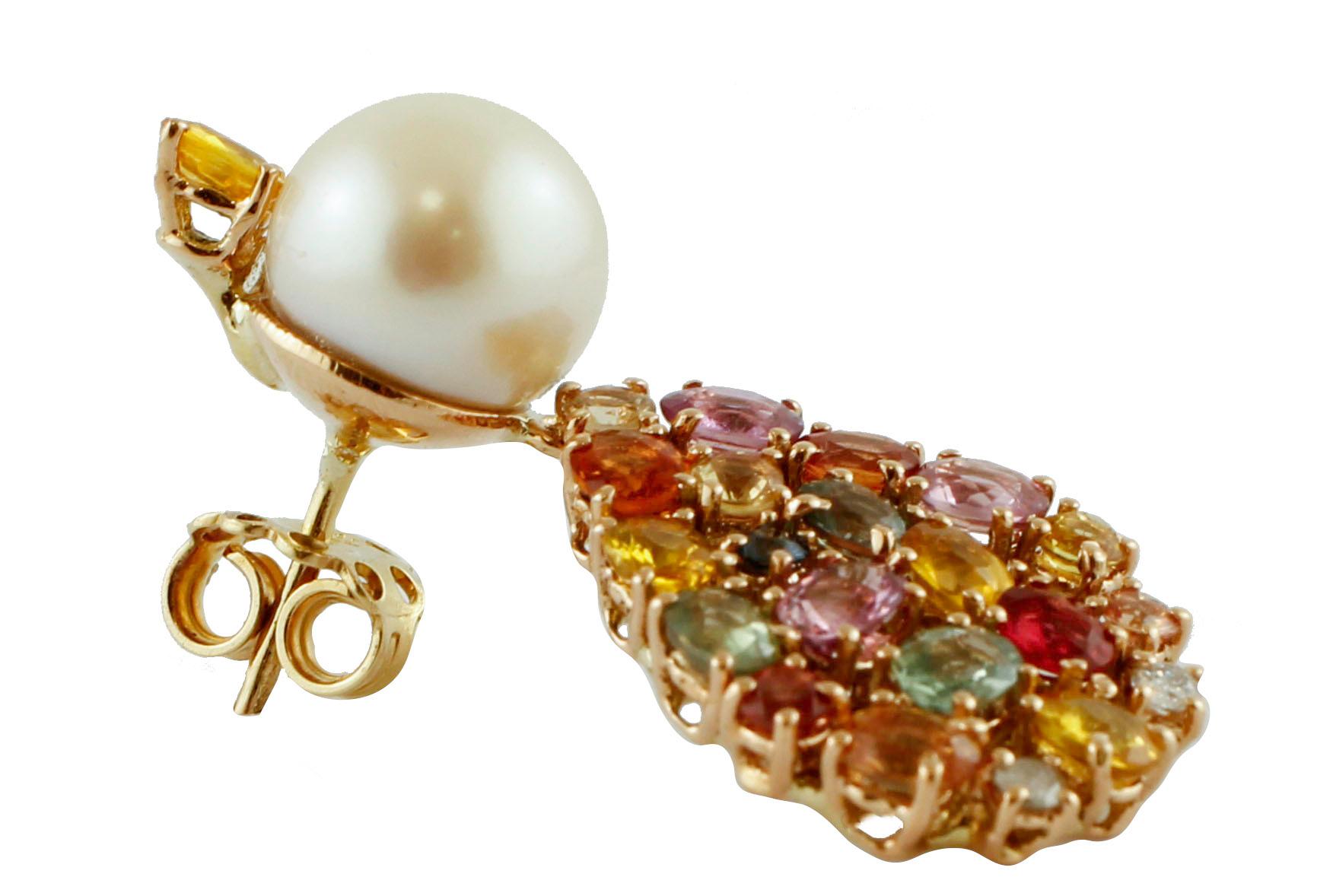 Retro Diamonds, Multi-Color Sapphires, White Pearls 14 Karat Rose Gold Dangle Earrings