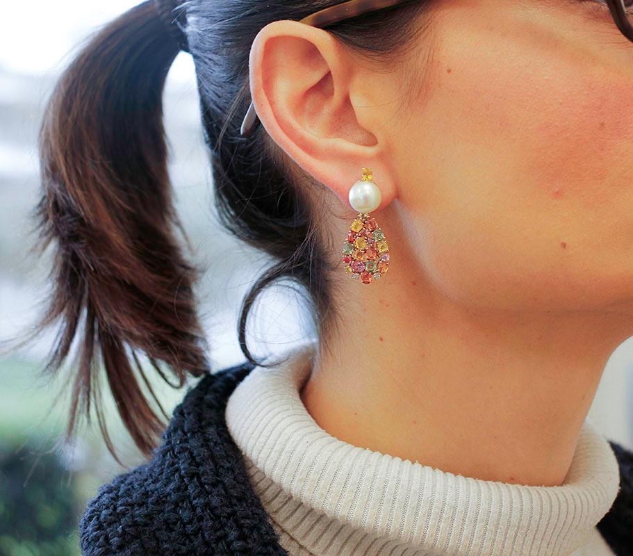 Women's Diamonds, Multi-Color Sapphires, White Pearls 14 Karat Rose Gold Dangle Earrings
