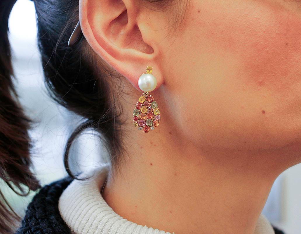 Diamonds, Multi-Color Sapphires, White Pearls 14 Karat Rose Gold Dangle Earrings 2