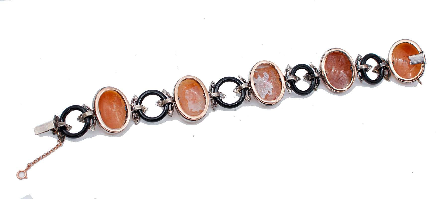 Retro Diamonds, Onyx, Cameo, 9 Karat Rose Gold and Silver Retrò Bracelet For Sale