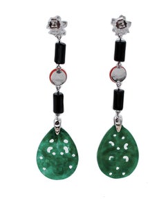 Diamonds, Onyx, Coral, Green Agate, 18 Karat White Gold Dangle Earrings