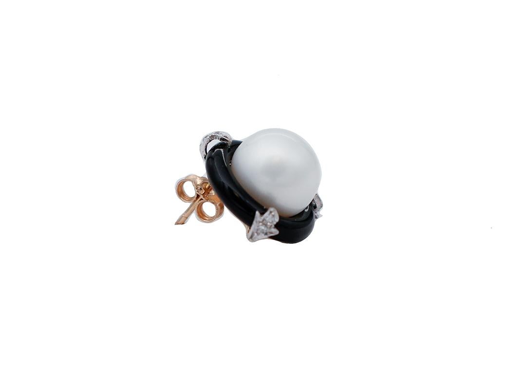 Retro Diamonds, Onyx, Pearls, 14 Karat White and Rose Gold Stud Earrings