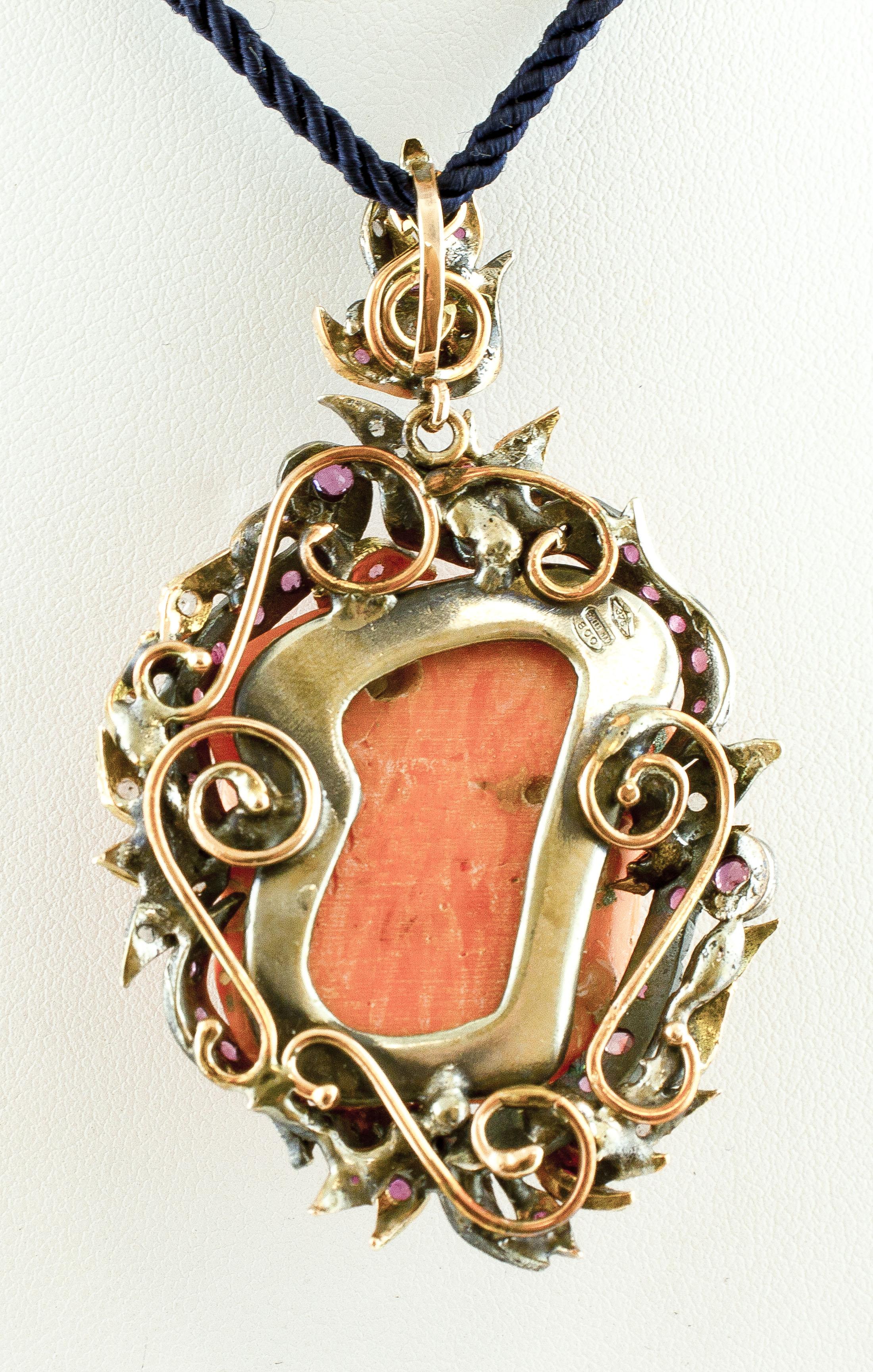 Retro Diamonds, Rubies, Engraved Orange Coral, Rose Gold and Silver Retrò Pendant For Sale