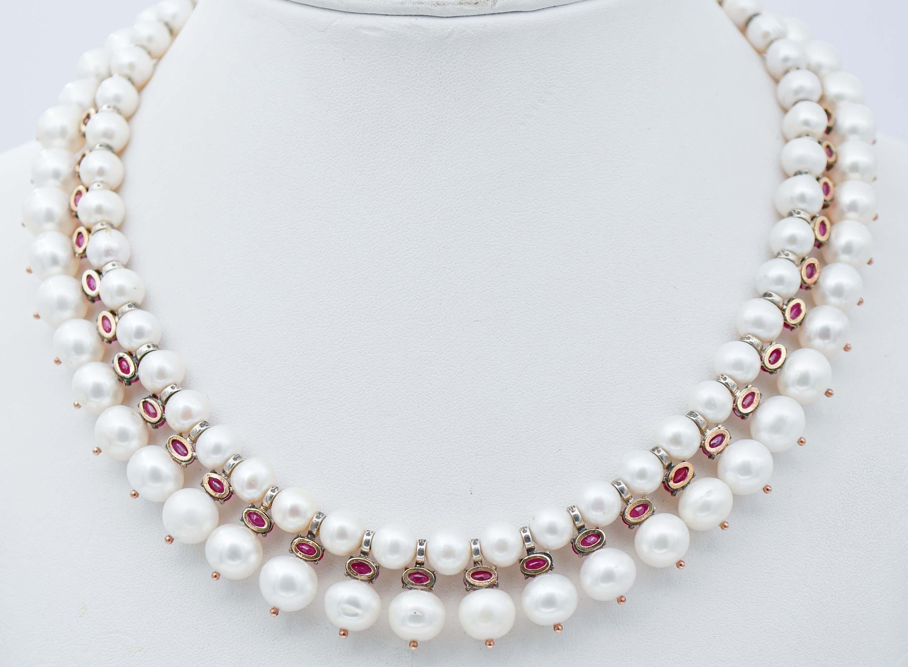 Retro Diamonds, Rubies, White Pearls, Rose Gold and Silver Retrò Necklace