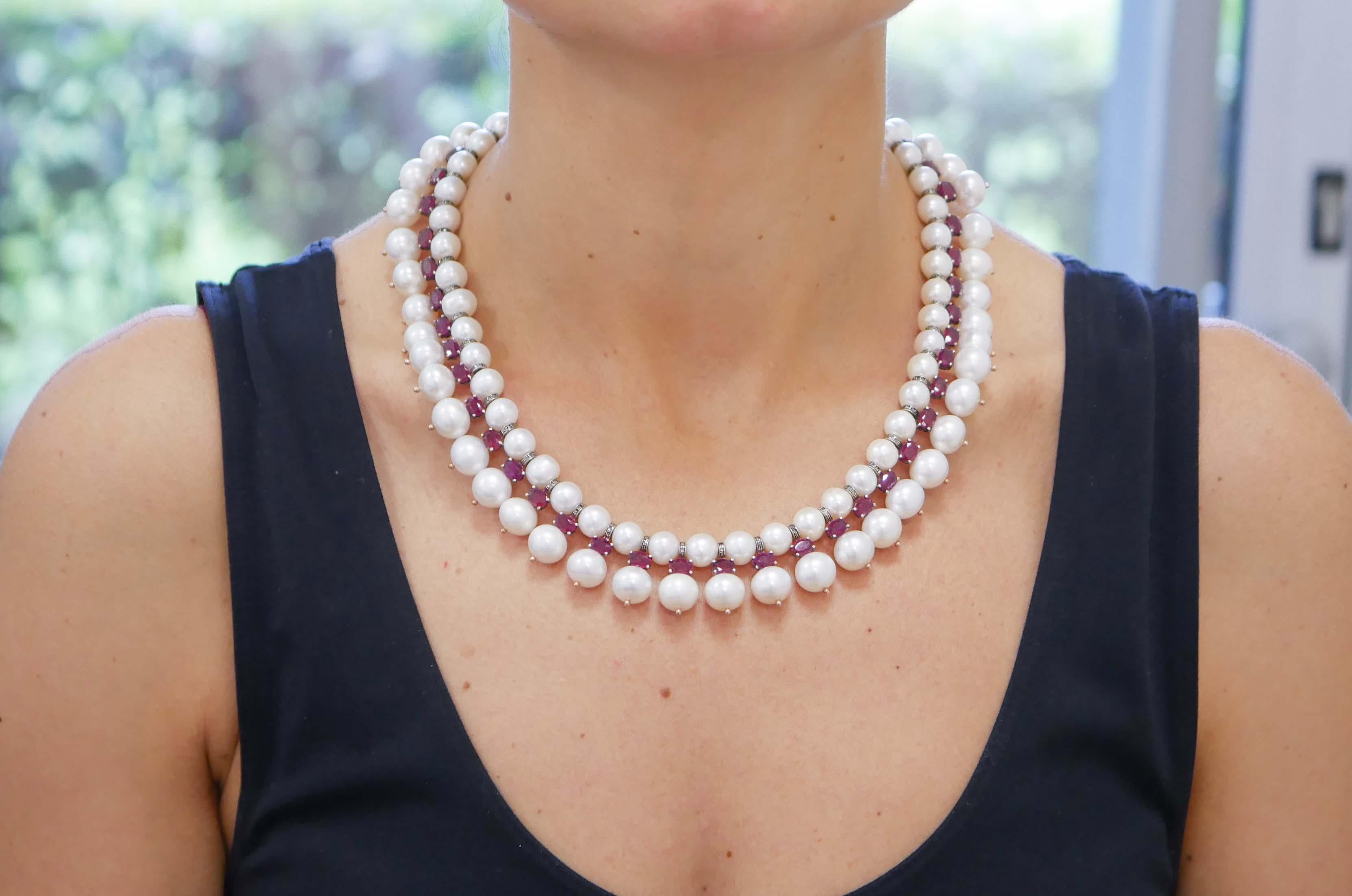 Mixed Cut Diamonds, Rubies, White Pearls, Rose Gold and Silver Retrò Necklace