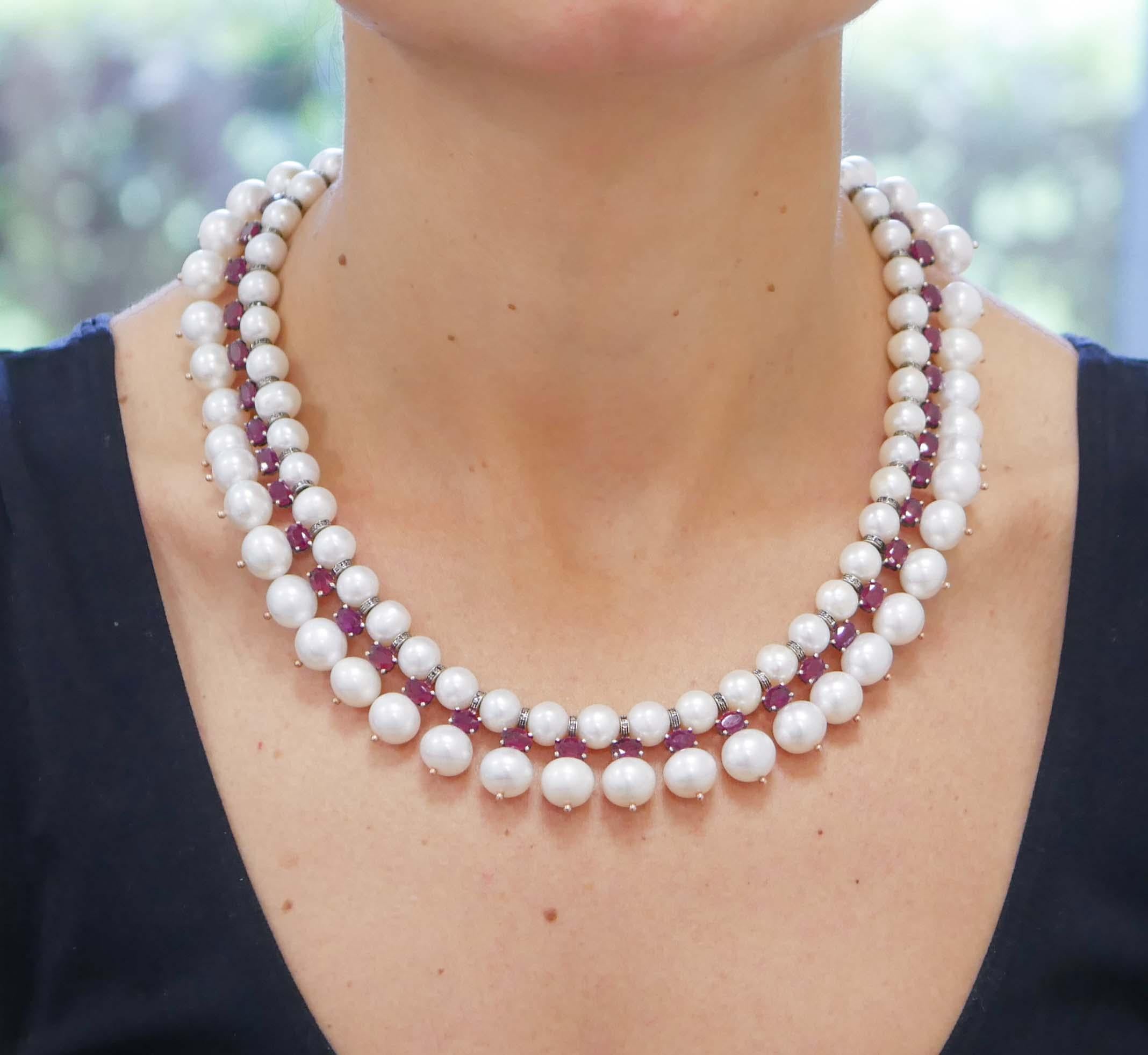 Diamonds, Rubies, White Pearls, Rose Gold and Silver Retrò Necklace In New Condition In Marcianise, Marcianise (CE)