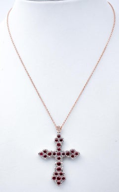 Diamonds, Rubies, 9 Karat Rose Gold and Silver Pendant Necklace