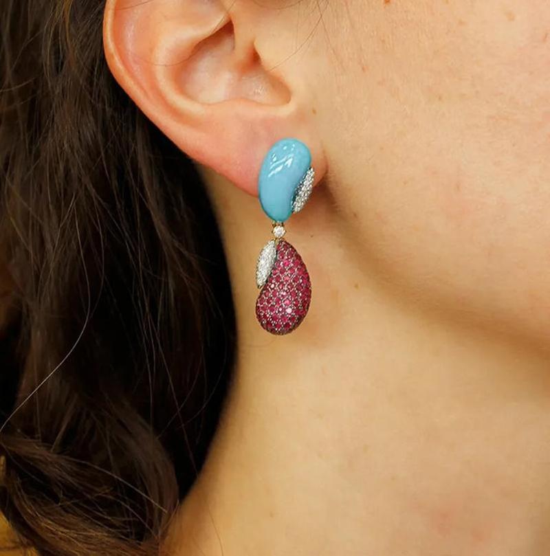 Diamonds, Rubies Blue Sapphires Turquoise, Coral, 18k White/Yellow Gold Earrings 4