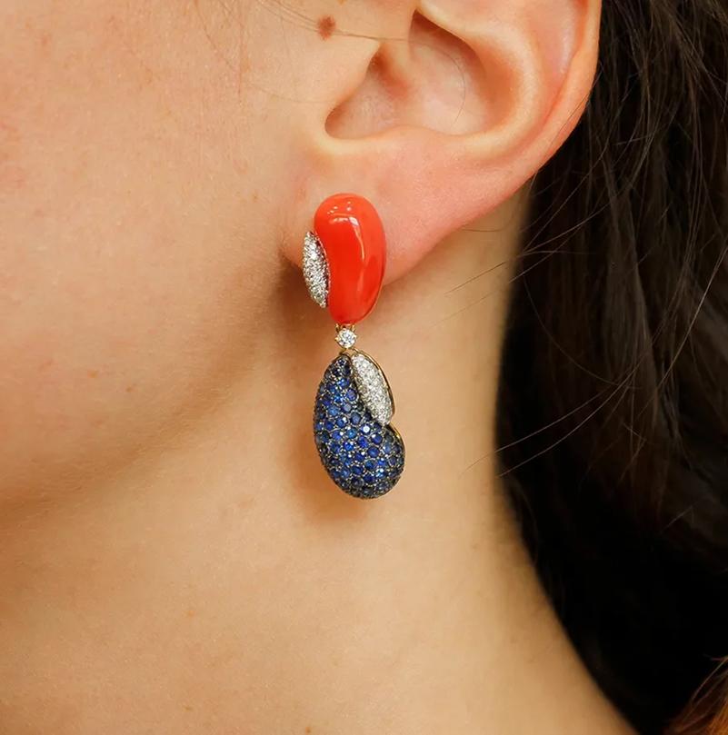 Diamonds, Rubies Blue Sapphires Turquoise, Coral, 18k White/Yellow Gold Earrings 1