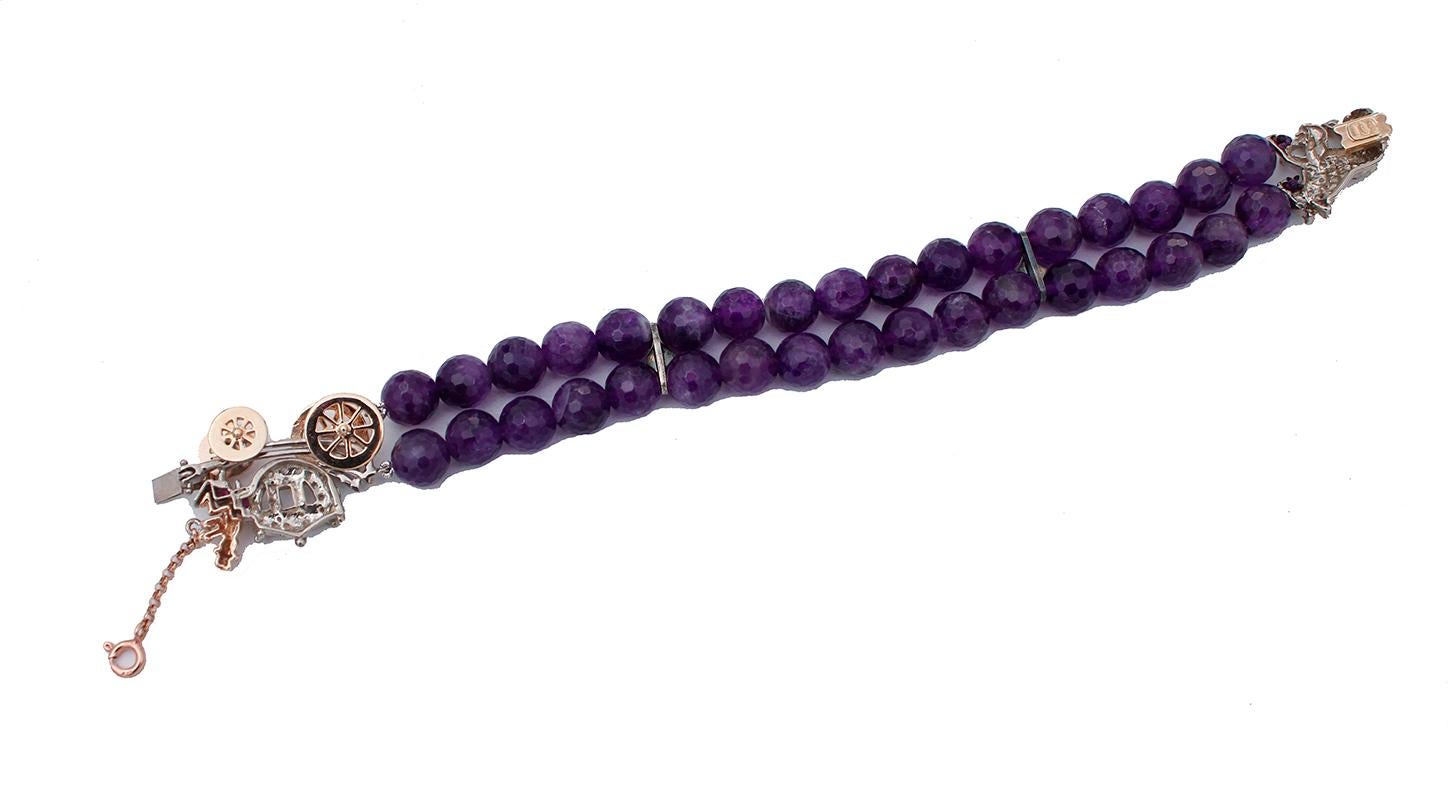 Retro Diamonds, Rubies Emeralds, 9 Karat Rose Gold and Silver Carriage Beaded Bracelet For Sale
