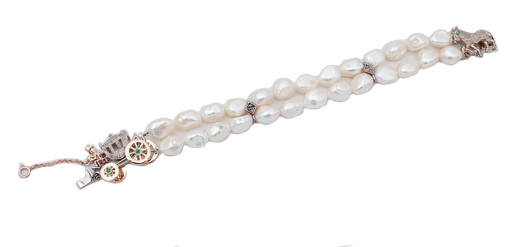 Unique beaded bracelet composed of two pearls rows connected with 4 silver structure studded with diamonds. It has a very special closure in 9K rose gold and silver, that representing a carriage with an horse adorned mounted with diamonds rubies and