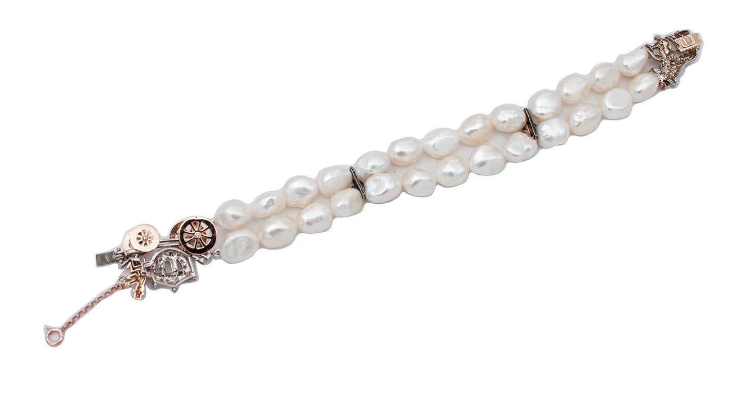 Retro Diamonds Rubies Emeralds Sapphire Pearls, Rose Gold and Silver Carriage Bracelet