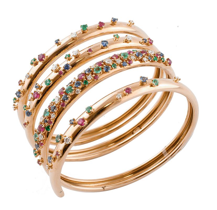 Retro Diamonds, Rubies, Emeralds Sapphires 18 Karat Yellow Gold Spiral Bangle Bracelet