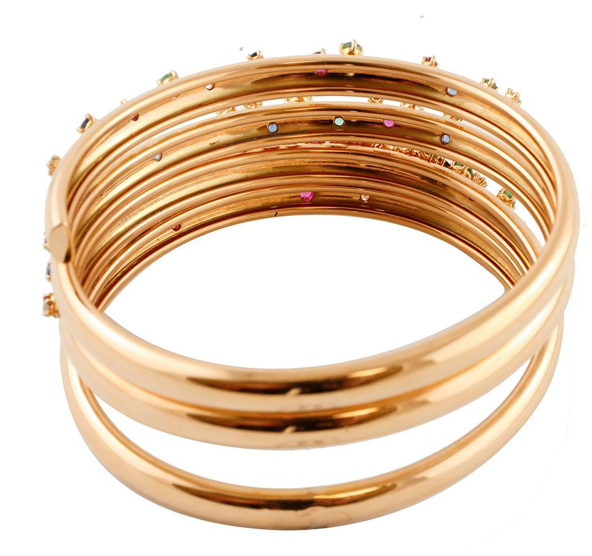 Round Cut Diamonds, Rubies, Emeralds Sapphires 18 Karat Yellow Gold Spiral Bangle Bracelet