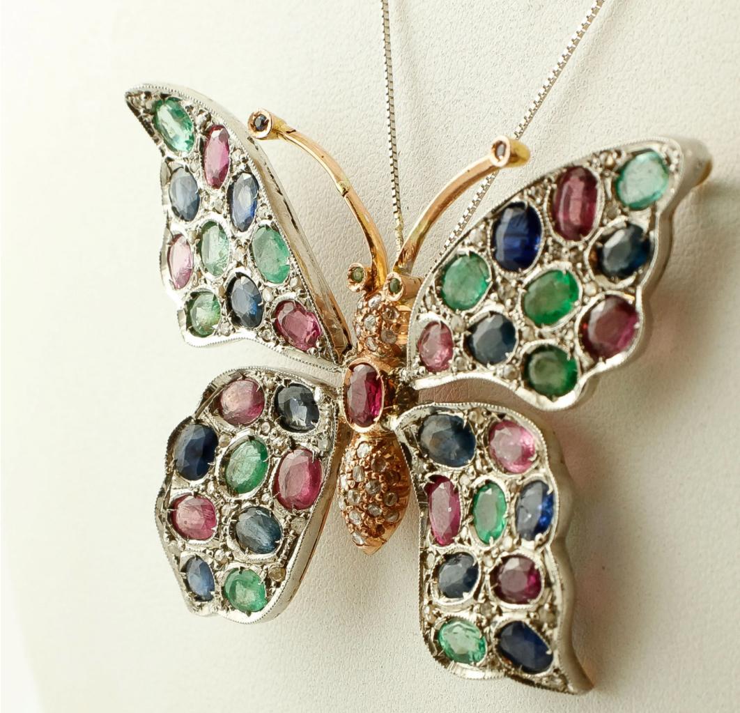 Retro Diamonds Rubies Emeralds Sapphires, 9k Gold and Silver, Butterfly Pendant/Brooch