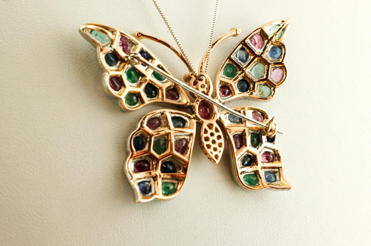 Mixed Cut Diamonds Rubies Emeralds Sapphires, 9k Gold and Silver, Butterfly Pendant/Brooch