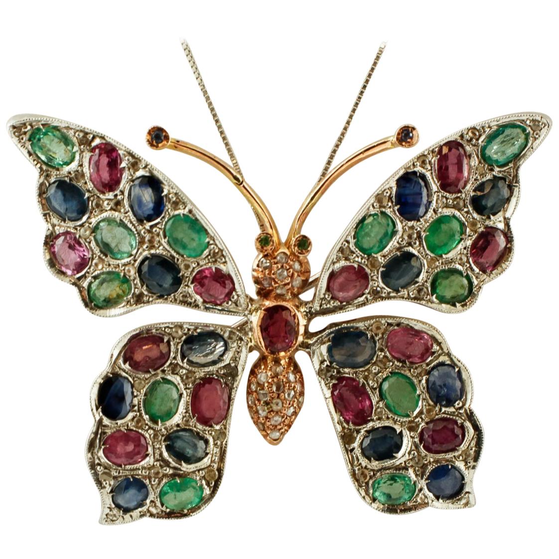 Diamonds Rubies Emeralds Sapphires, 9k Gold and Silver, Butterfly Pendant/Brooch