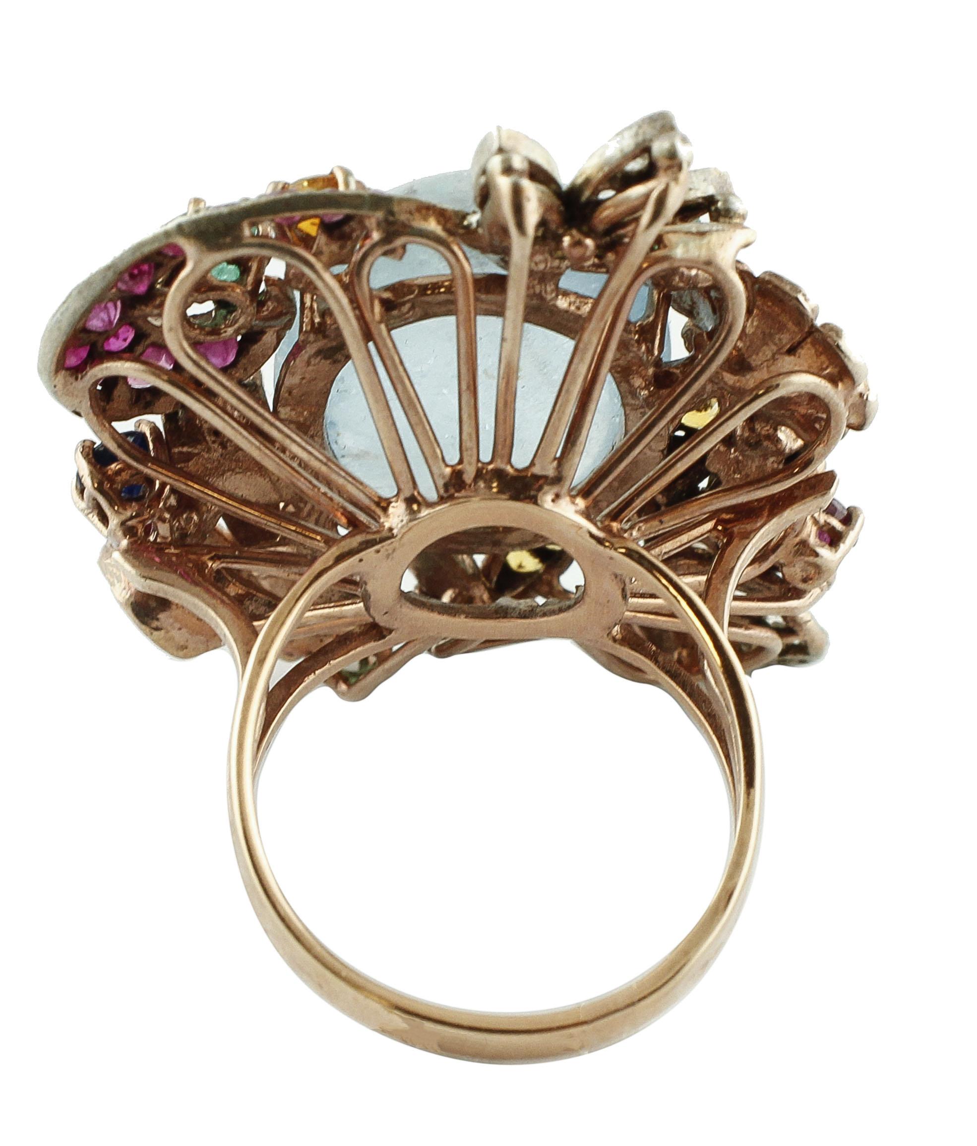 Diamanten, Rubine, Smaragde, Saphire, Milch-Aquamarin Gold Silber Mode Ring (Gemischter Schliff) im Angebot