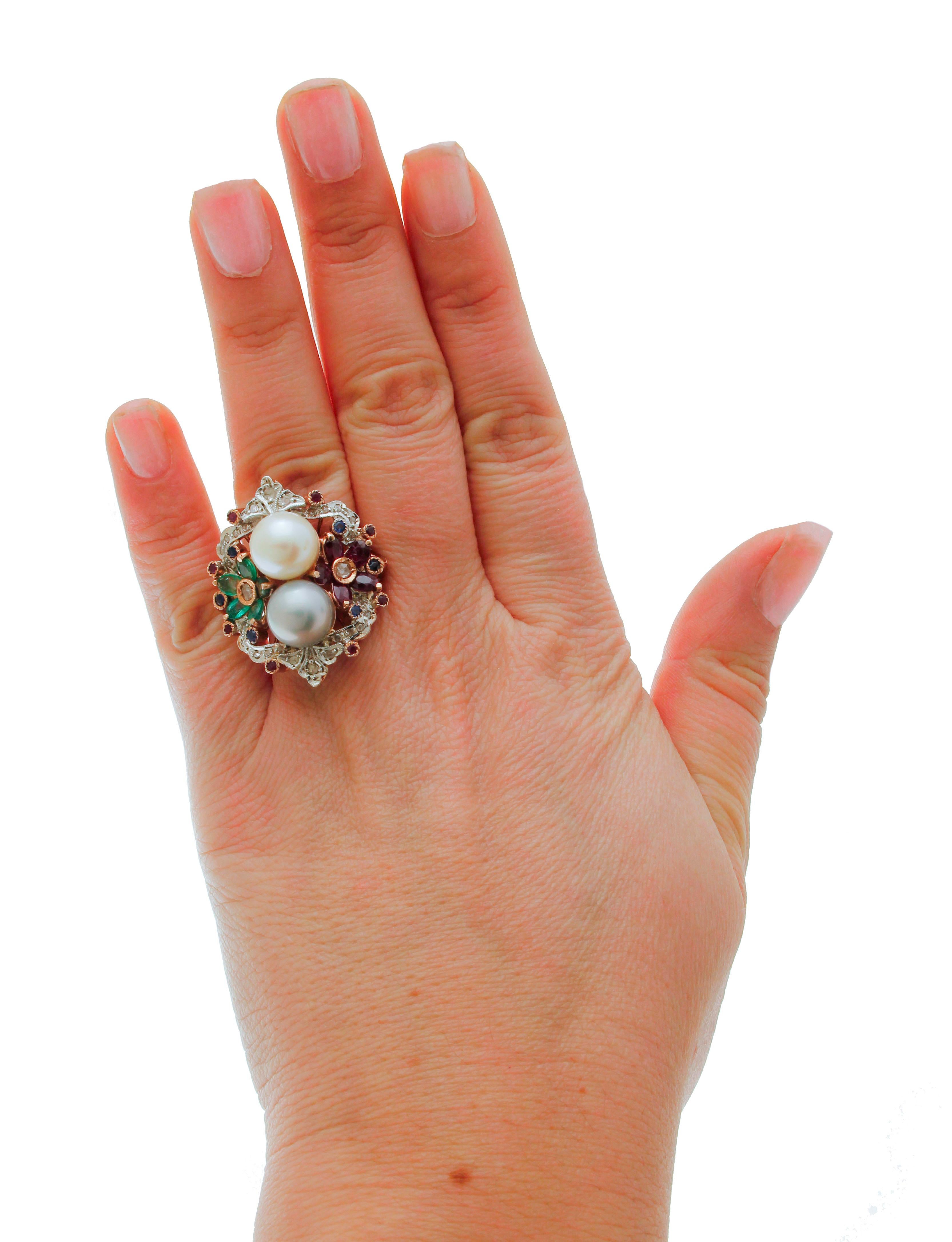 Mixed Cut Diamonds, Rubies, Emeralds, Sapphires, Pearls, 9 Karat Rose Gold and Silver Ring