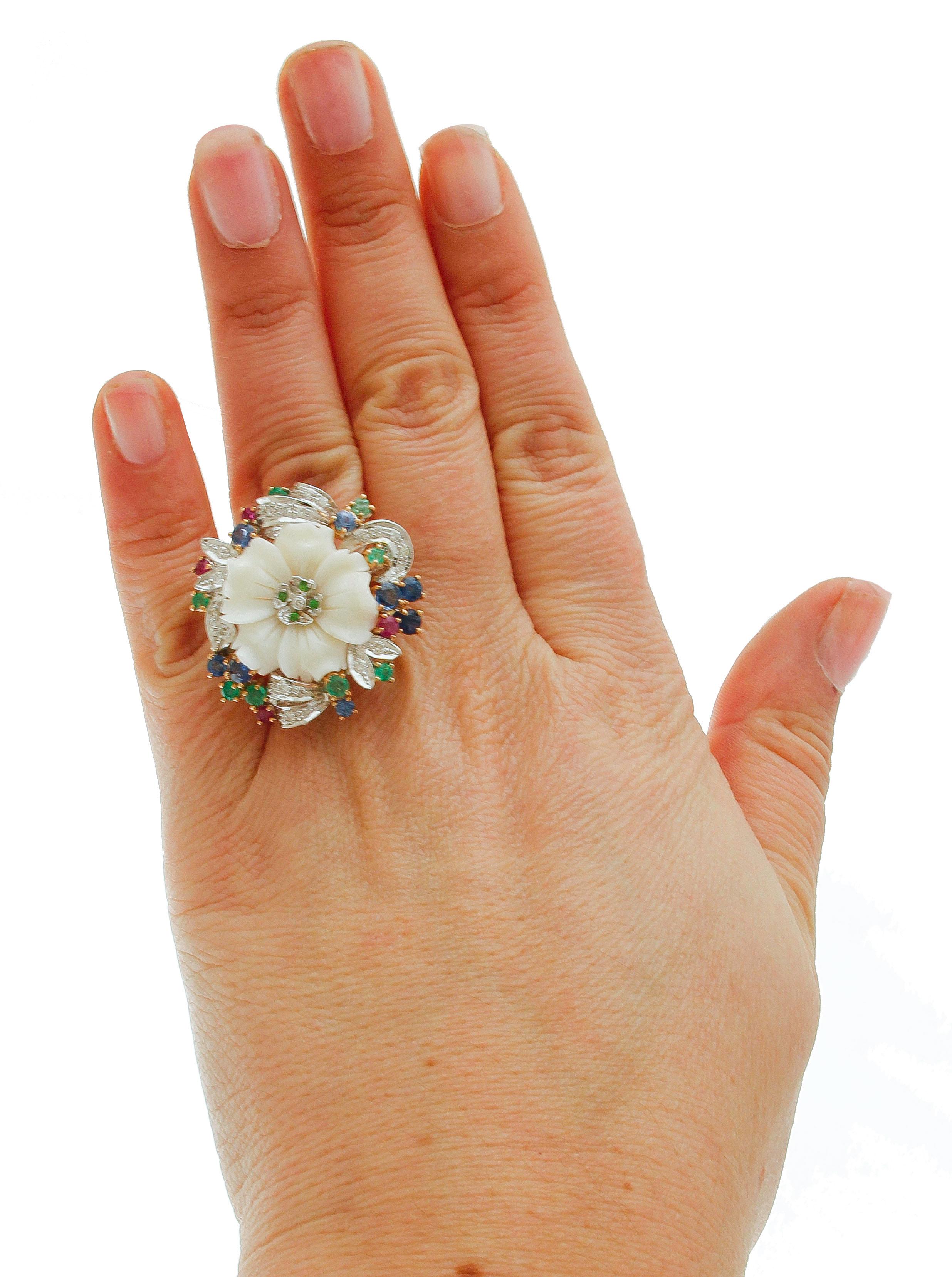 Retro Diamonds, Rubies, Emeralds, Sapphires, Tsavorites, White Coral, 14 Kt Gold Ring For Sale