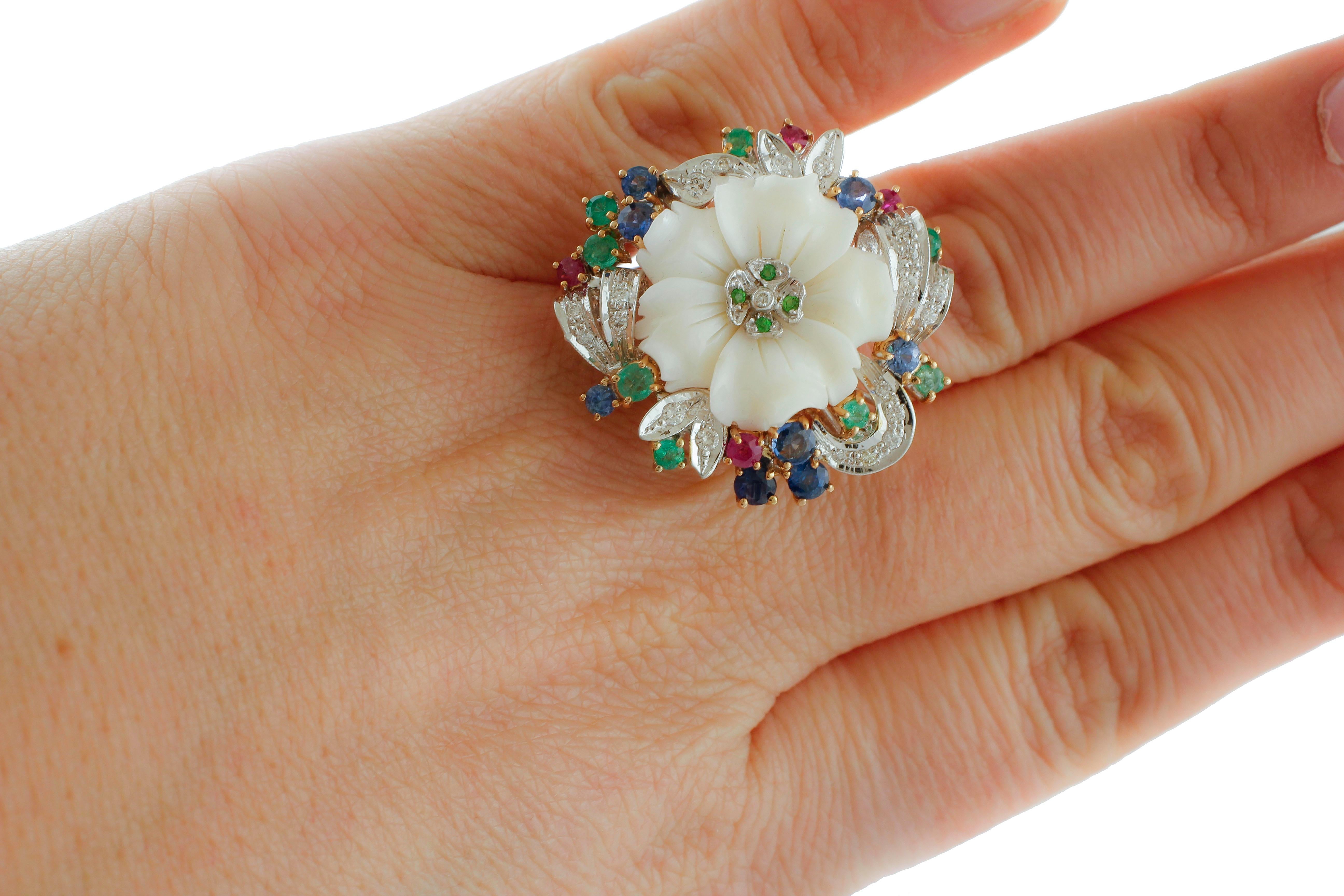 Round Cut Diamonds, Rubies, Emeralds, Sapphires, Tsavorites, White Coral, 14 Kt Gold Ring For Sale