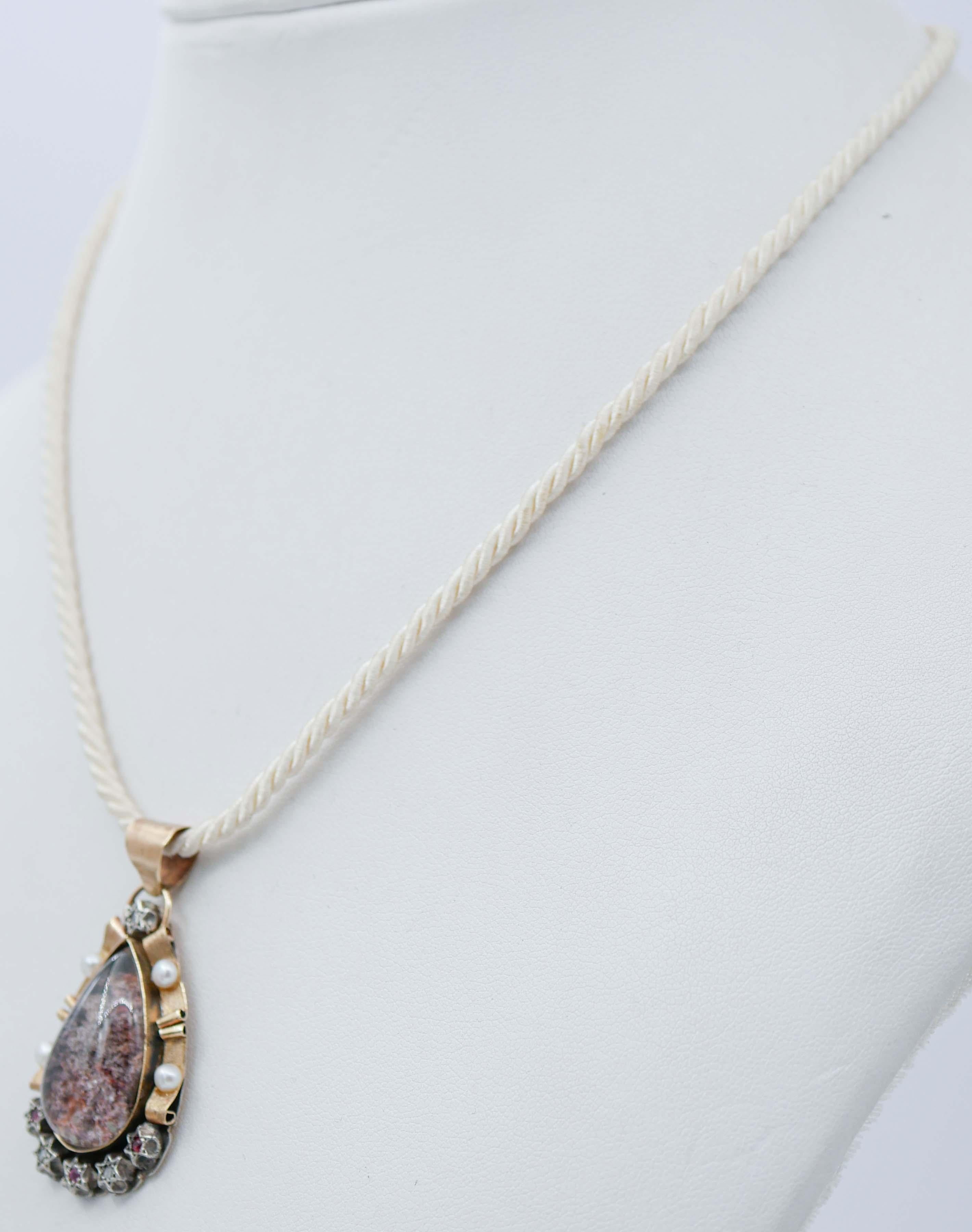 Retro Diamonds, Rubies, Musk Quartz, Pearls, Rose Gold and Silver Pendant Necklace. For Sale